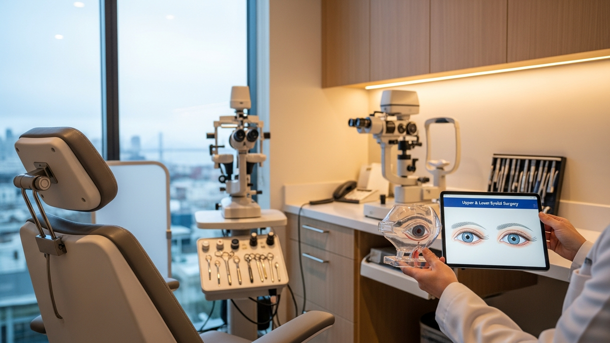 Blepharoplasty San Francisco clinic consultation with a surgeon discussing upper and lower eyelid surgery for a refreshed, natural look