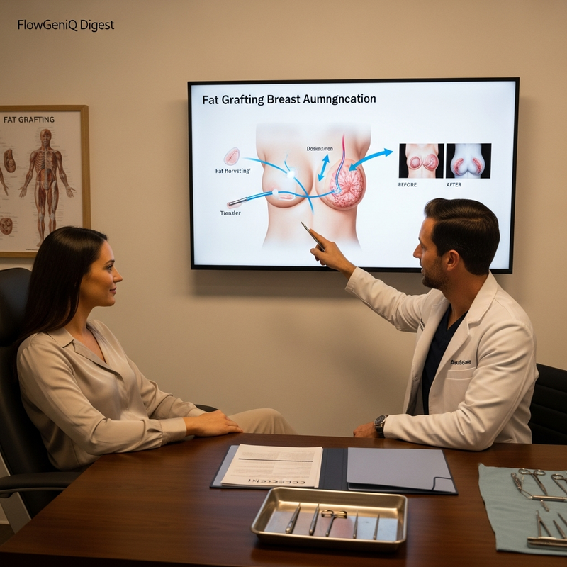Fat grafting breast augmentation square card image illustrating fat transfer from donor area to breast contour planning