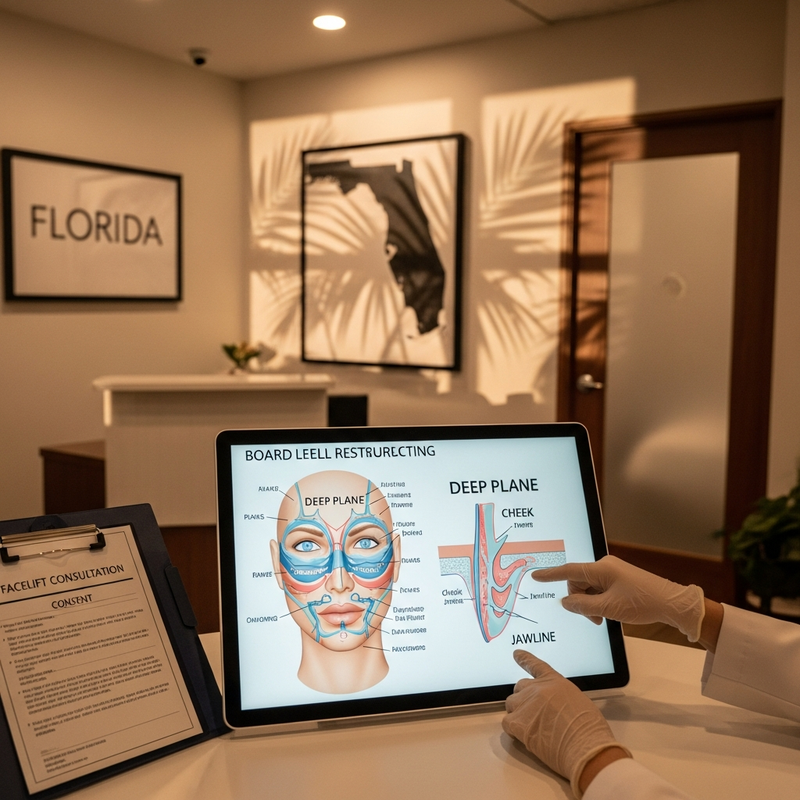 Deep plane facelift in Florida informational image showing facial anatomy diagram and recovery checklist card