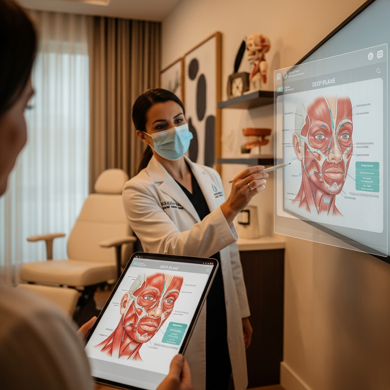 Deep plane facelift what is it: close-up of facial contour diagram and patient consultation notes in a clinic