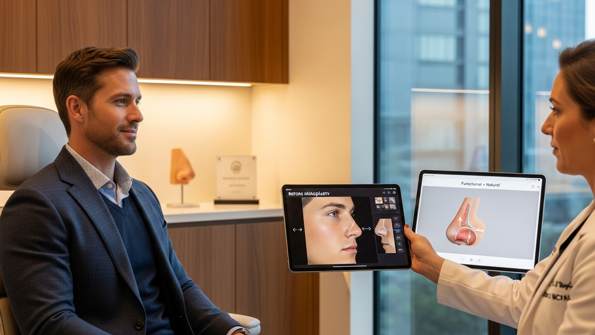 Rhinoplasty men consultation in Beverly Hills with a facial plastic surgeon discussing natural nose and breathing goals