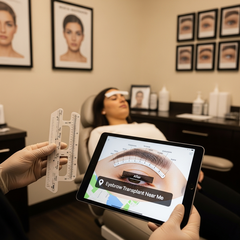 Eyebrow transplant near me square image showing natural eyebrow restoration concept with brow symmetry and hair transplant planning