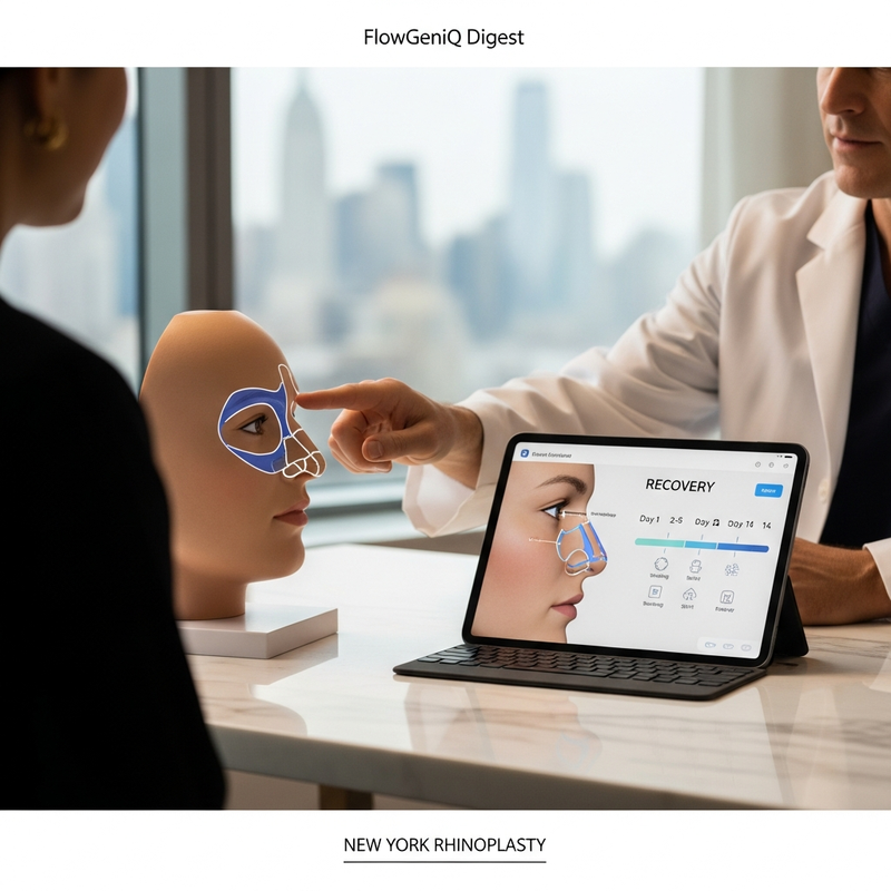 New York rhinoplasty close-up showing a refined nose profile and a surgeon reviewing preoperative planning notes