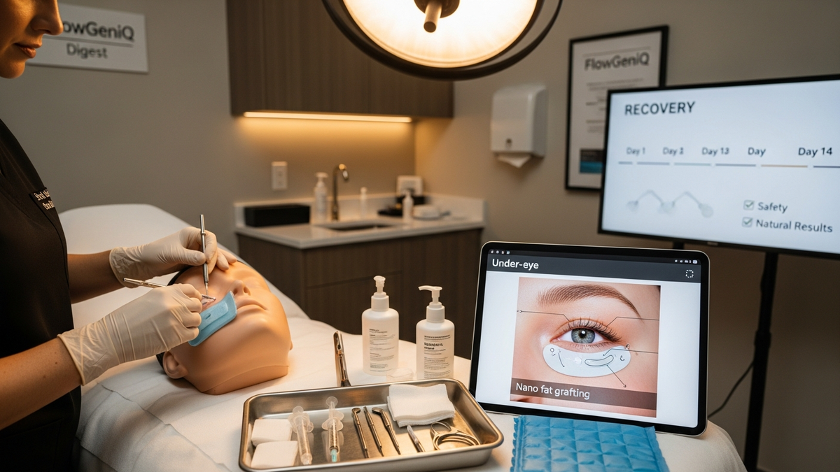 Nano fat grafting under eyes: surgeon preparing micro fat transfer for natural under-eye contour in a clinical setting
