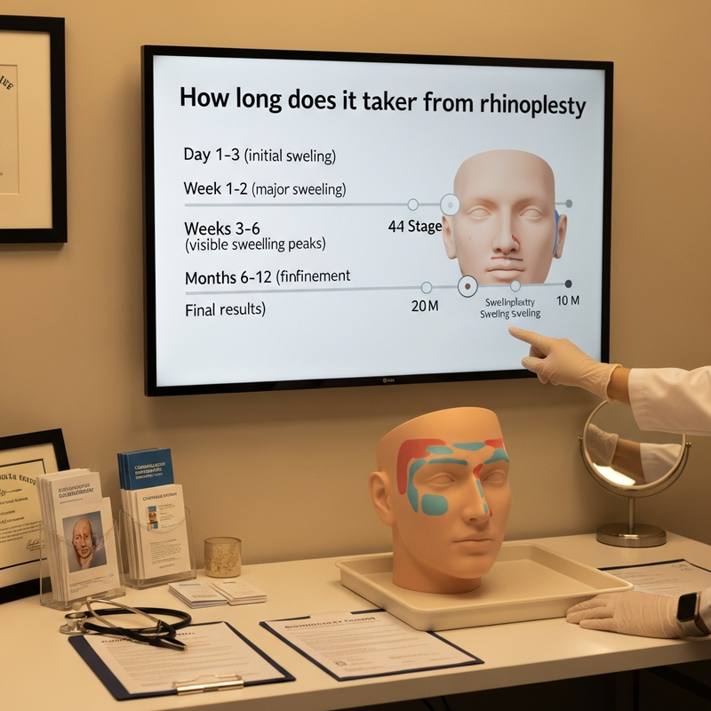 How long does it take to recover from rhinoplasty? Close-up infographic style card showing week-by-week recovery stages and final result timeline.