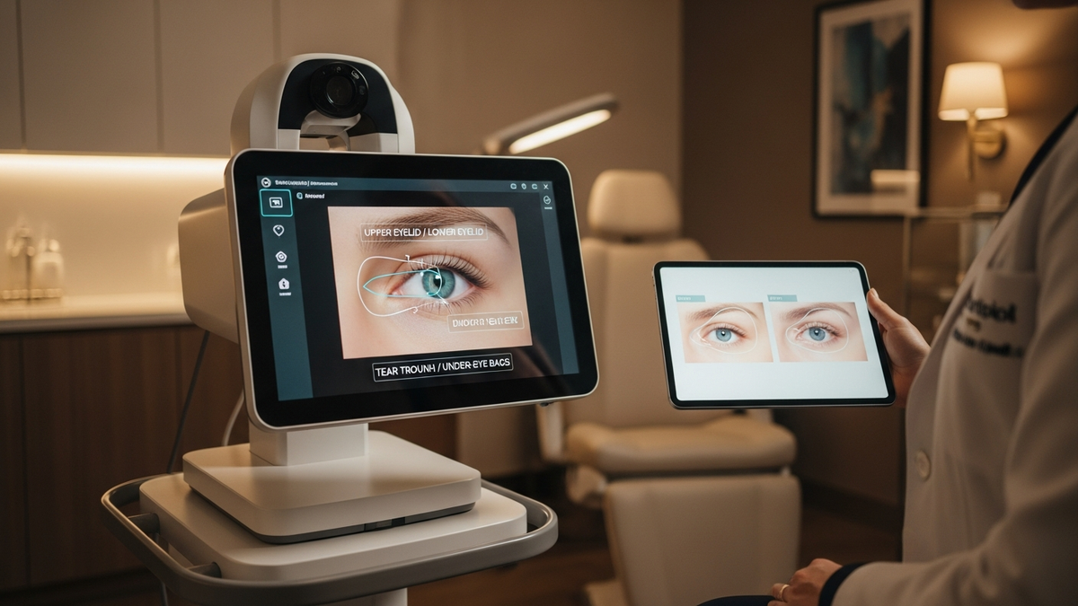 Blepharoplasty for bags under eyes consultation in Beverly Hills with a facial plastic surgeon reviewing under-eye anatomy