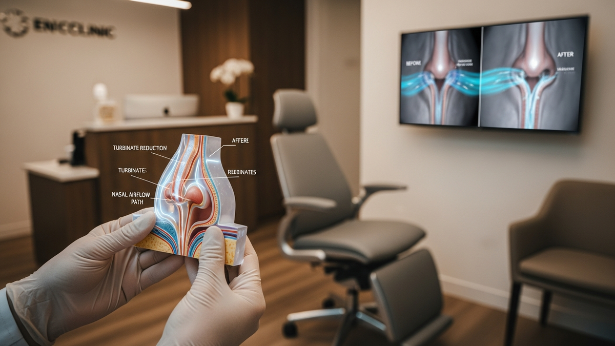 Empty nose syndrome turbinate reduction: specialist examining turbinate airflow and nasal endoscopy for functional nasal breathing