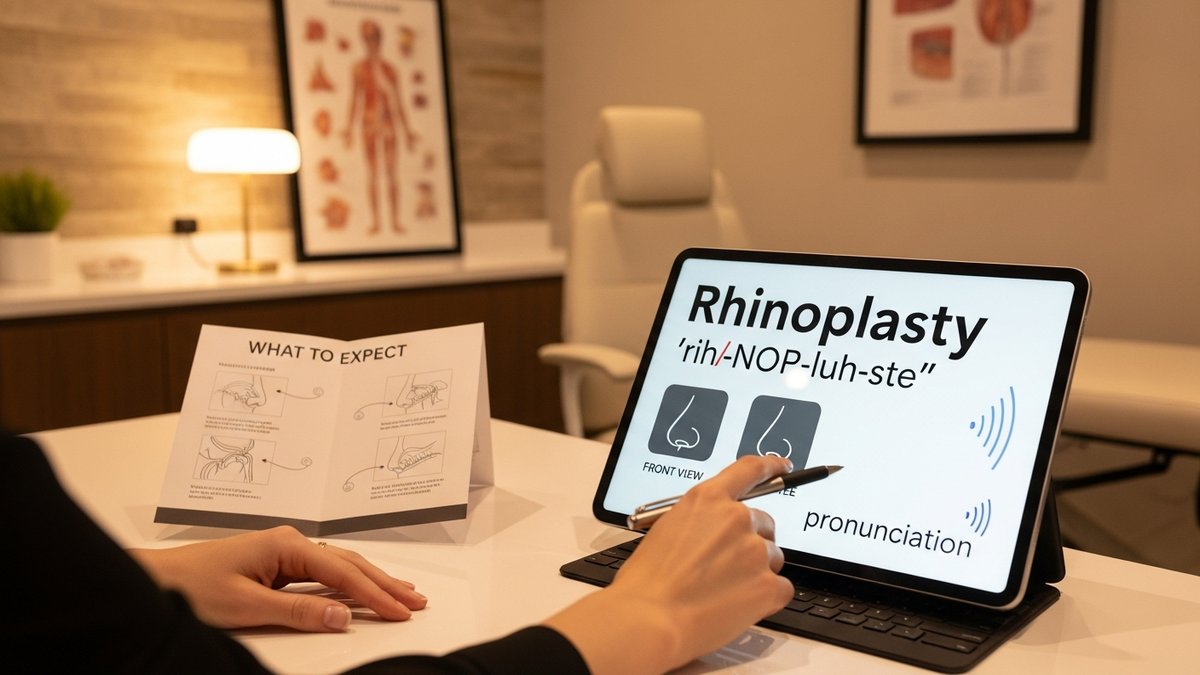 Rhinoplasty consultation in Beverly Hills showing a surgeon discussing nose anatomy and Rhinoplasty pronunciation with a patient
