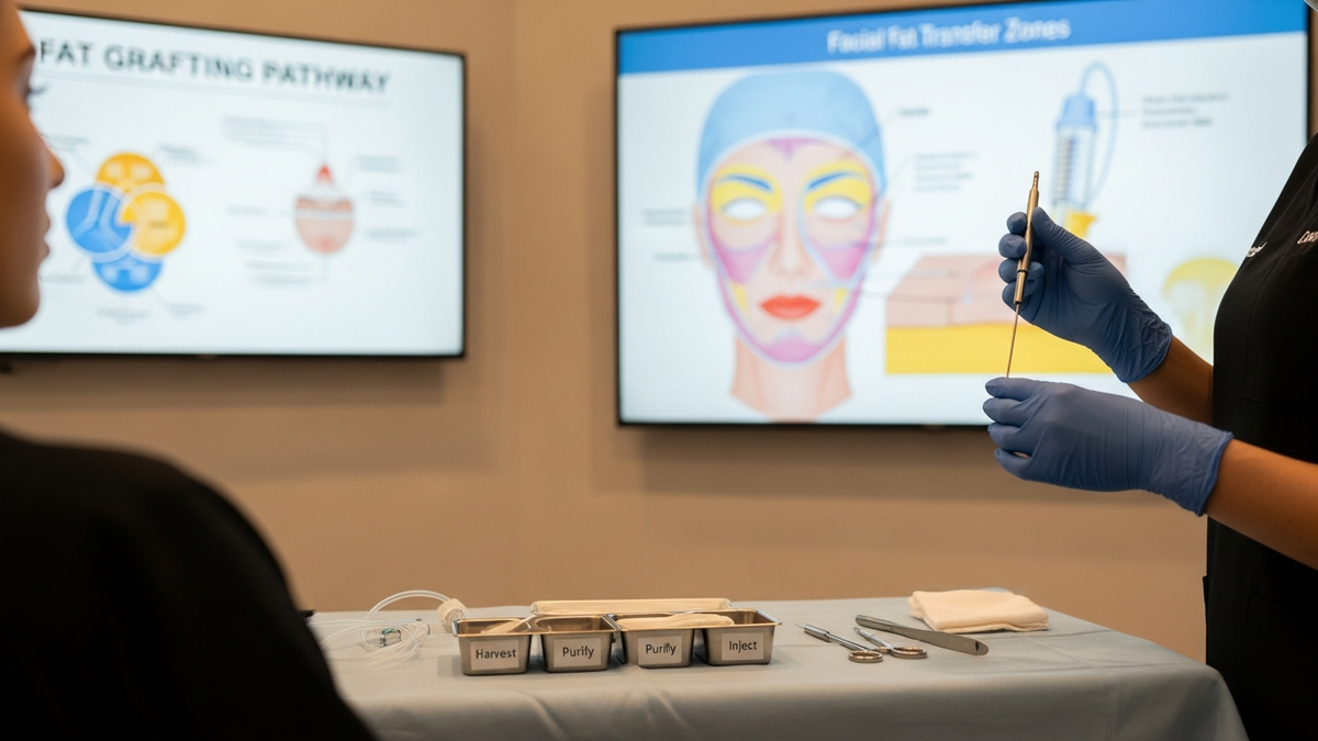Fat grafting procedure concept image showing facial contour refinement with natural volume restoration