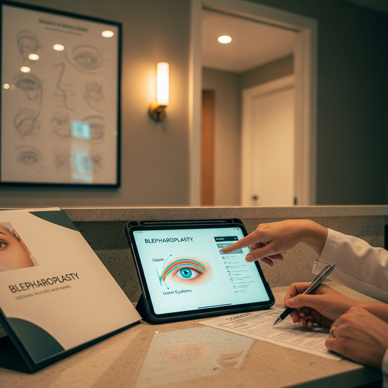 Top rated blepharoplasty surgeons: close-up view of upper and lower eyelid anatomy and consultation checklist