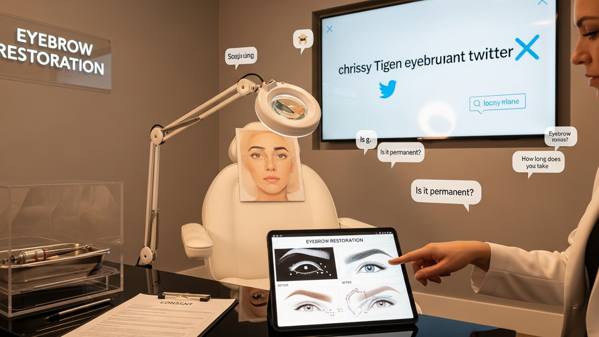 Chrissy Teigen eyebrow transplant Twitter search highlighted with natural eyebrow restoration concept illustration