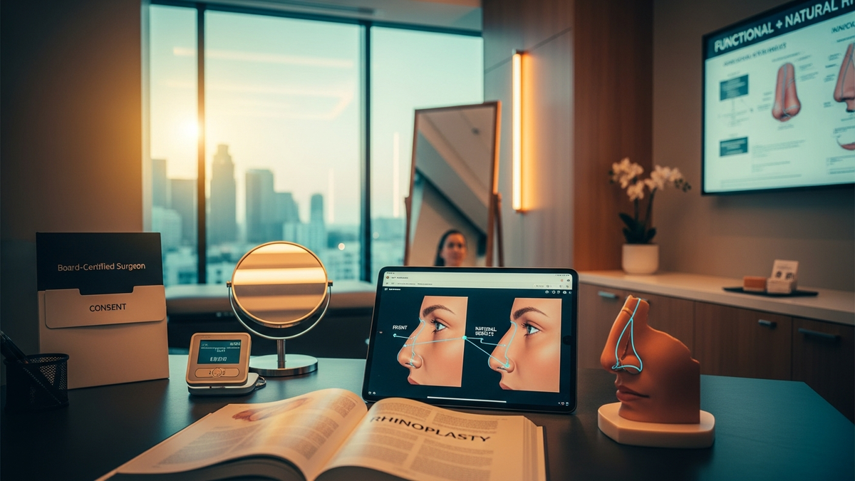 Rhinoplasty Beverly Hills consultation setting with a facial plastic surgeon discussing natural nasal reshaping and functional breathing goals
