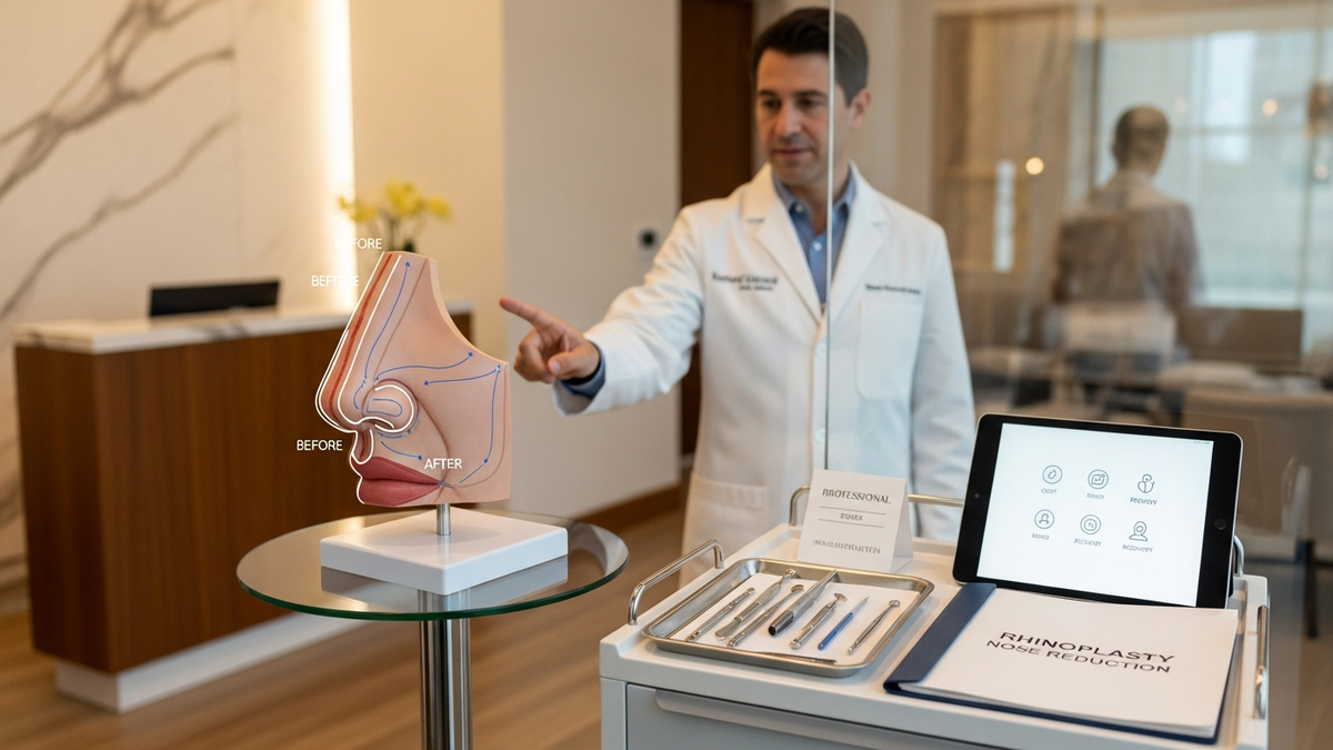 Rhinoplasty nose reduction consultation in Beverly Hills with a facial plastic surgeon assessing nose shape and facial harmony
