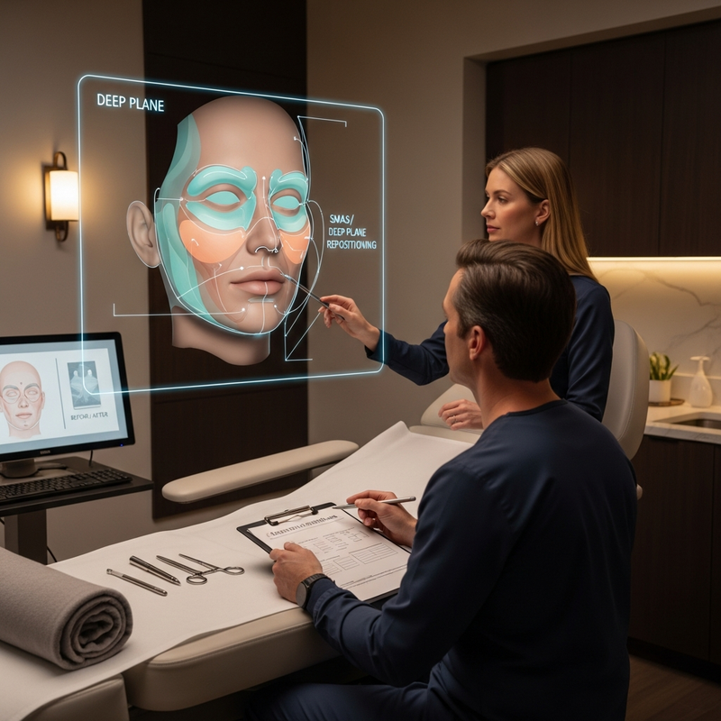 Close-up illustration of deep plane facelift concept showing midface and lower face tissue repositioning for natural results