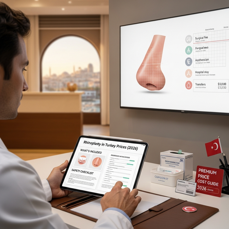 Rhinoplasty in turkey prices card image with a clean infographic-style nose silhouette and cost checklist elements.