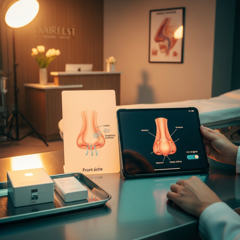 Non-surgical rhinoplasty overview card showing realistic expectations for nose contouring without surgery