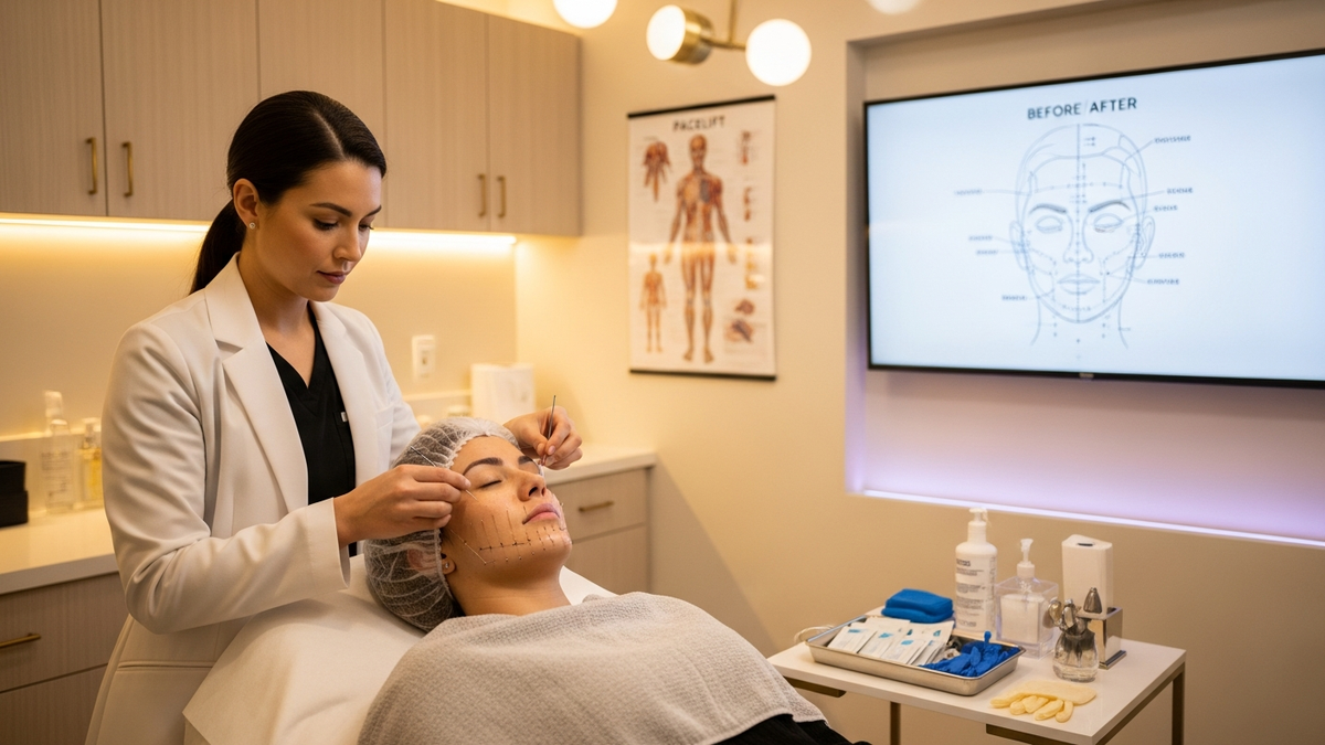Facelift with acupuncture concept: acupuncture needles near the face with a calm, youthful aesthetic in a Los Angeles wellness setting