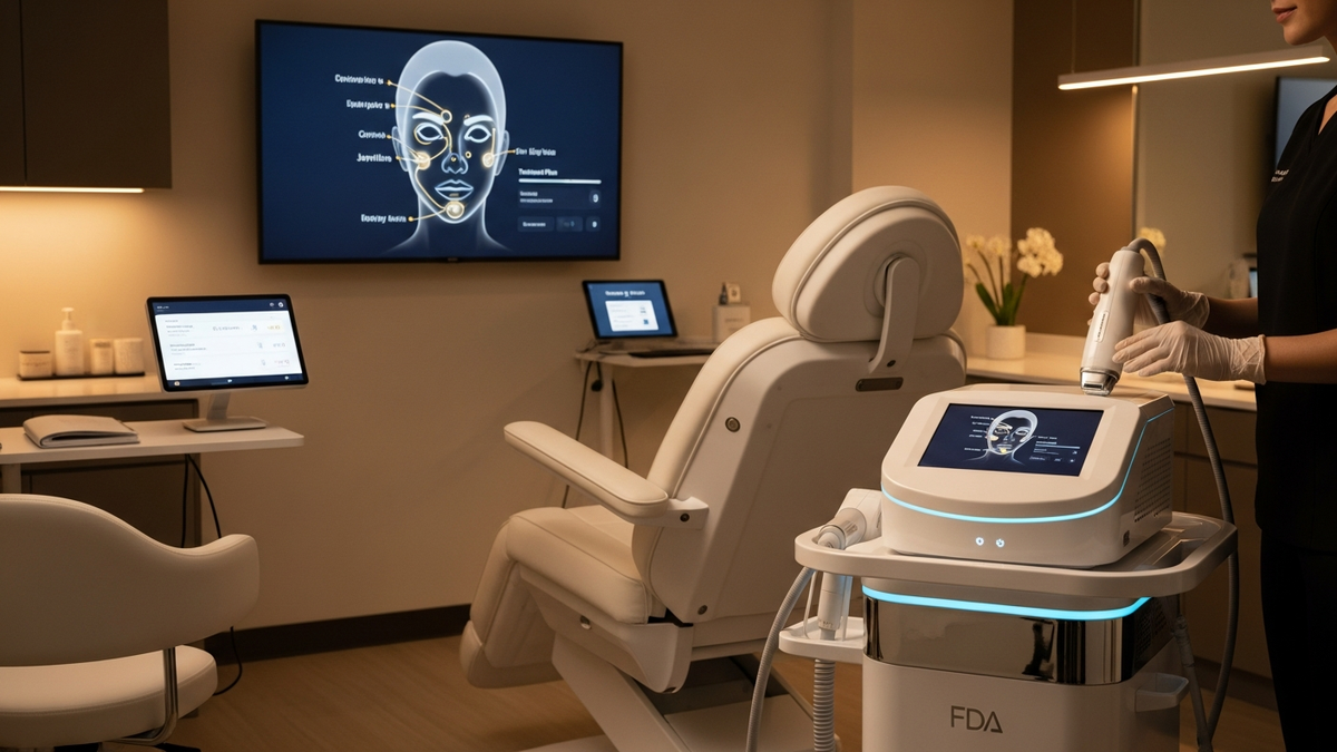 Noninvasive laser facelift treatment concept with a clinician performing a laser session on facial skin for collagen remodeling