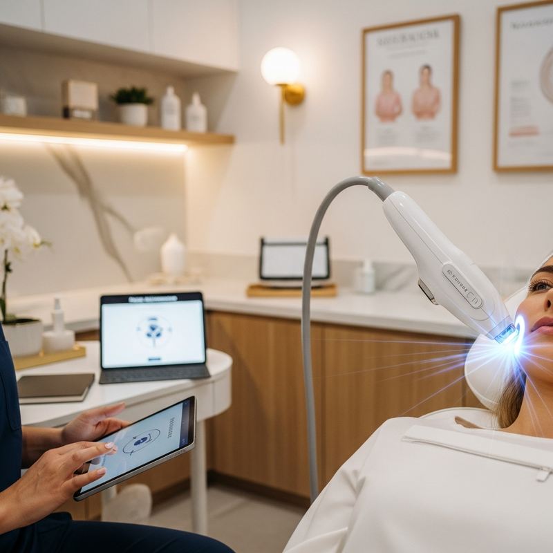 Noninvasive laser facelift close-up showing a laser device and skincare care steps for facial rejuvenation