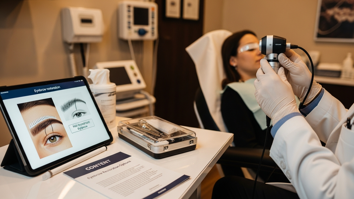 Hair transplant eyebrow procedure planning with natural eyebrow shape on a patient consultation—FlowGeniQ Digest