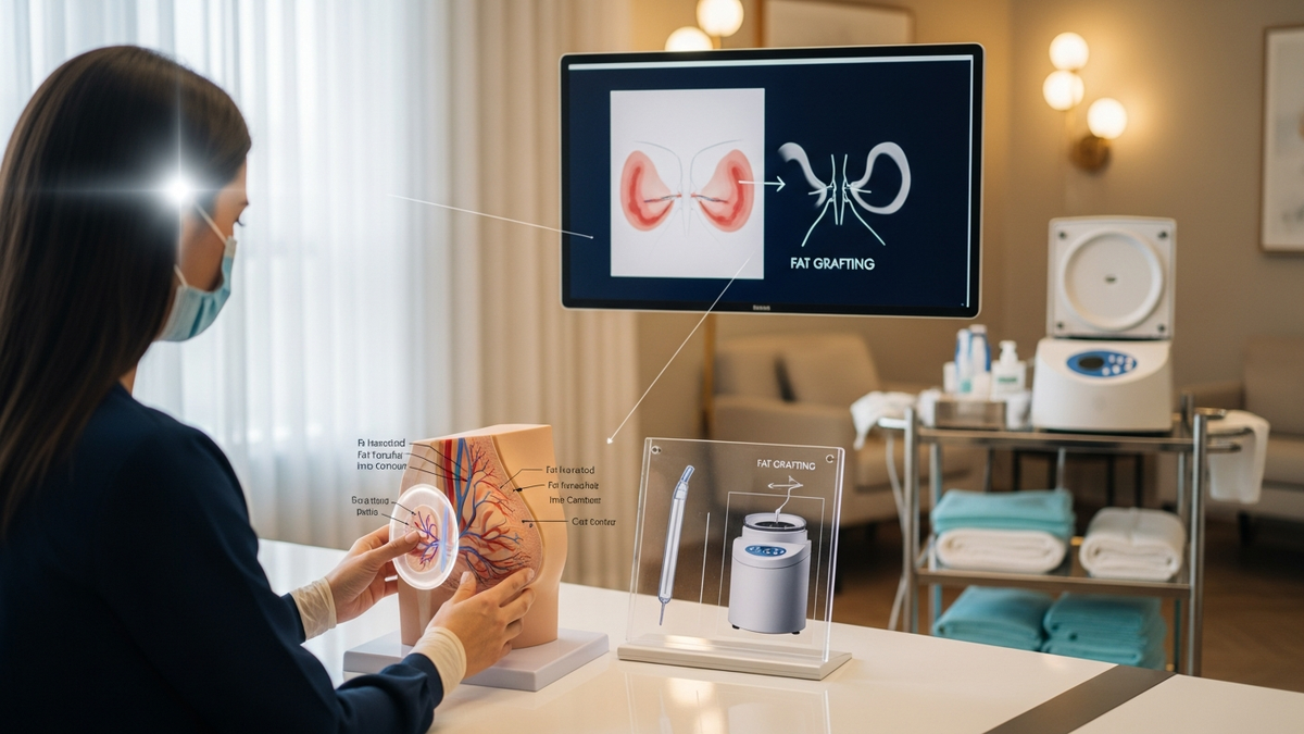 Breast augmentation fat grafting consultation concept with surgeon reviewing natural breast contour goals and fat transfer plan