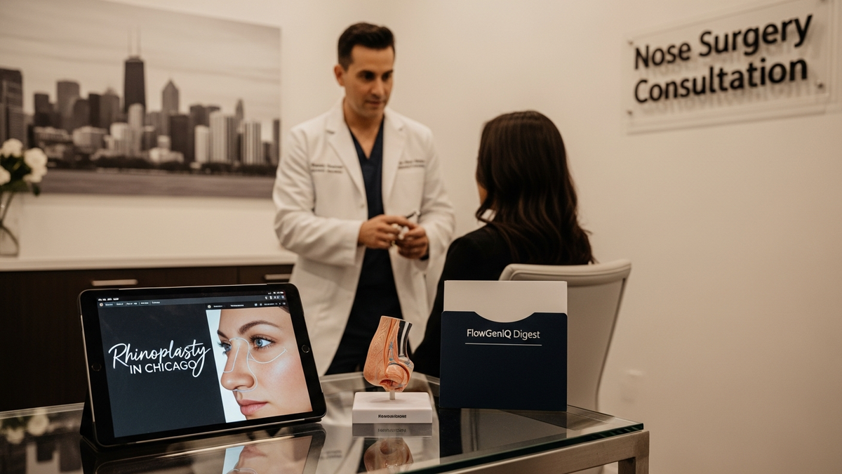Rhinoplasty in Chicago informational hero image showing a patient-friendly clinic setting and natural nose profile visualization concept.