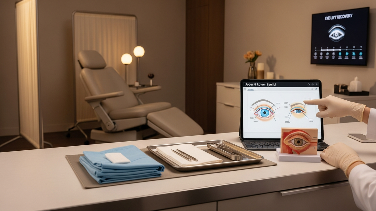 Blepharoplasty eye lift surgery consultation in Beverly Hills showing a surgeon reviewing upper and lower eyelid rejuvenation options