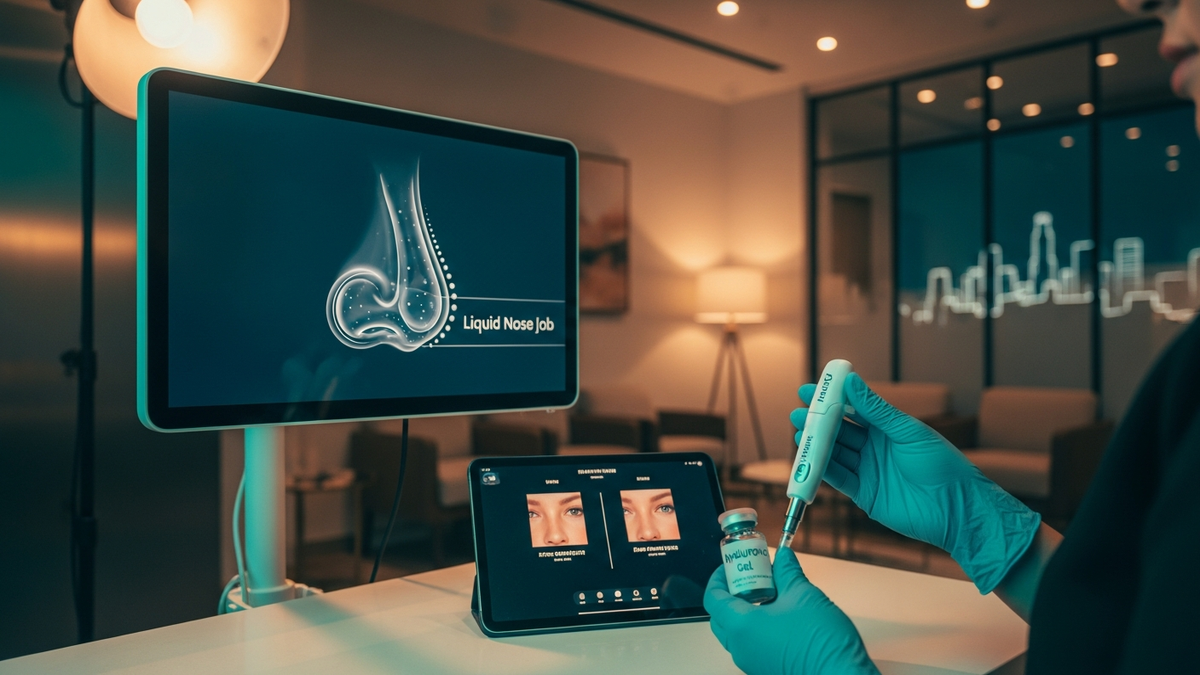 Liquid nose job consultation in Los Angeles showing a clinician discussing nasal filler contour goals with a patient in a modern facial aesthetics setting