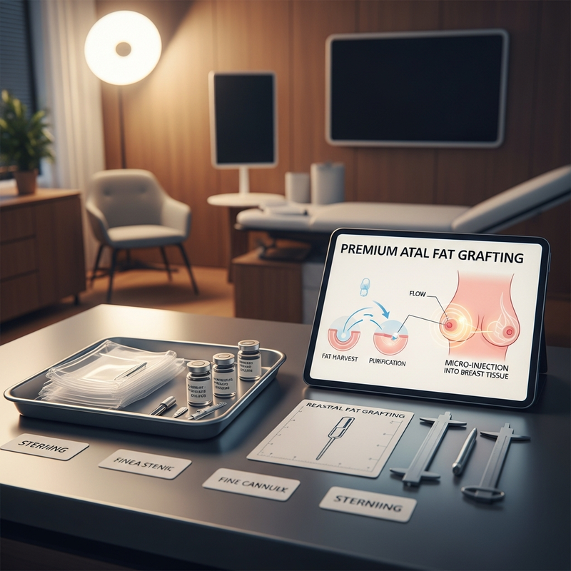Breast augmentation fat grafting: visual of donor fat harvesting and fat transfer to create a natural breast contour plan