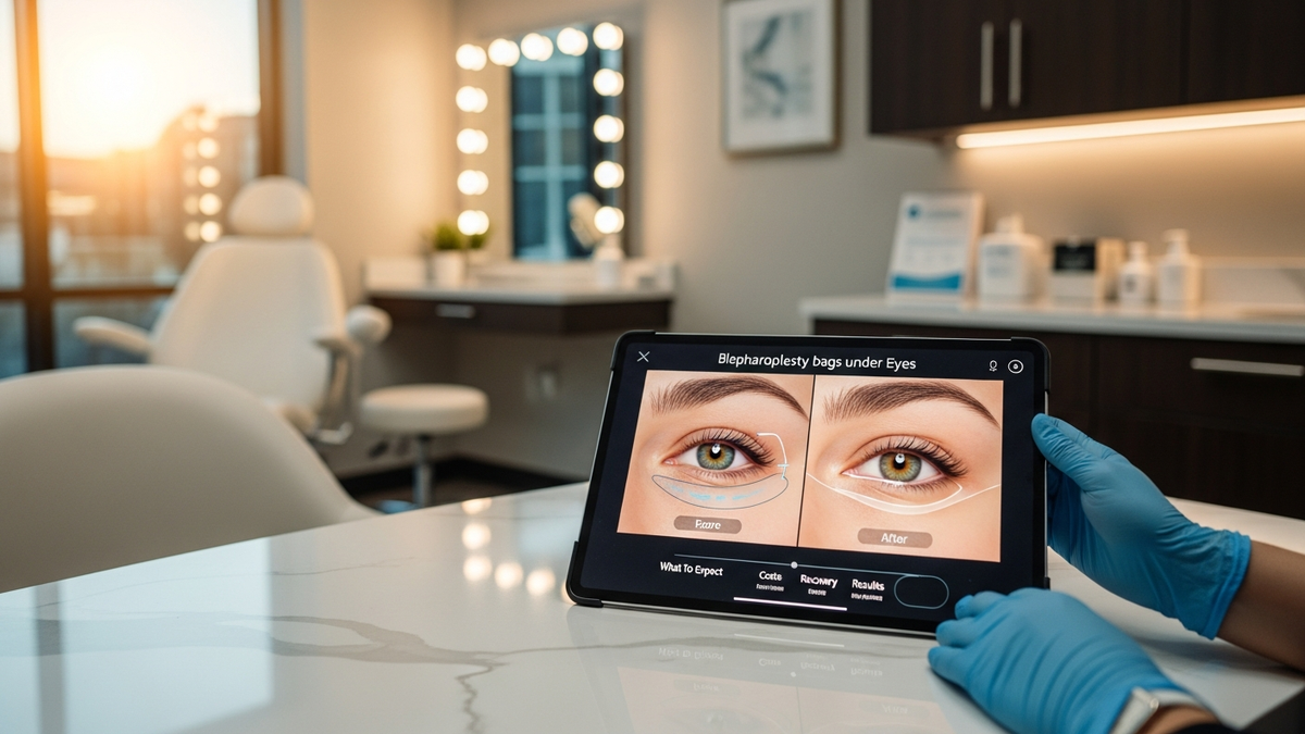 Blepharoplasty bags under eyes consultation setting with a facial plastic surgeon discussing natural-looking lower eyelid surgery outcomes