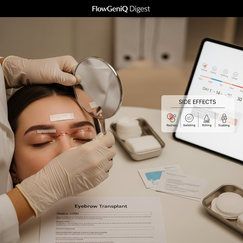 Eyebrow transplant side effects overview card showing recovery timeline and healing expectations