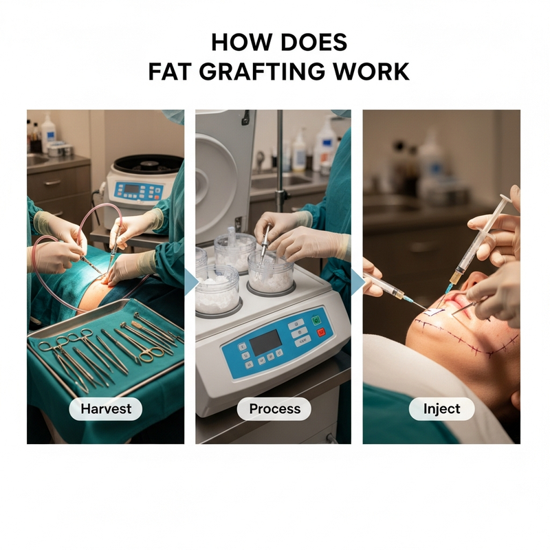 Fat grafting procedure steps showing fat harvesting, processing, and reinjection for natural-looking results