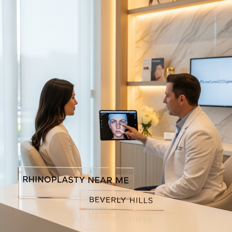 Rhinoplasty near me image card showing a surgeon discussion for natural nose reshaping and breathing improvement
