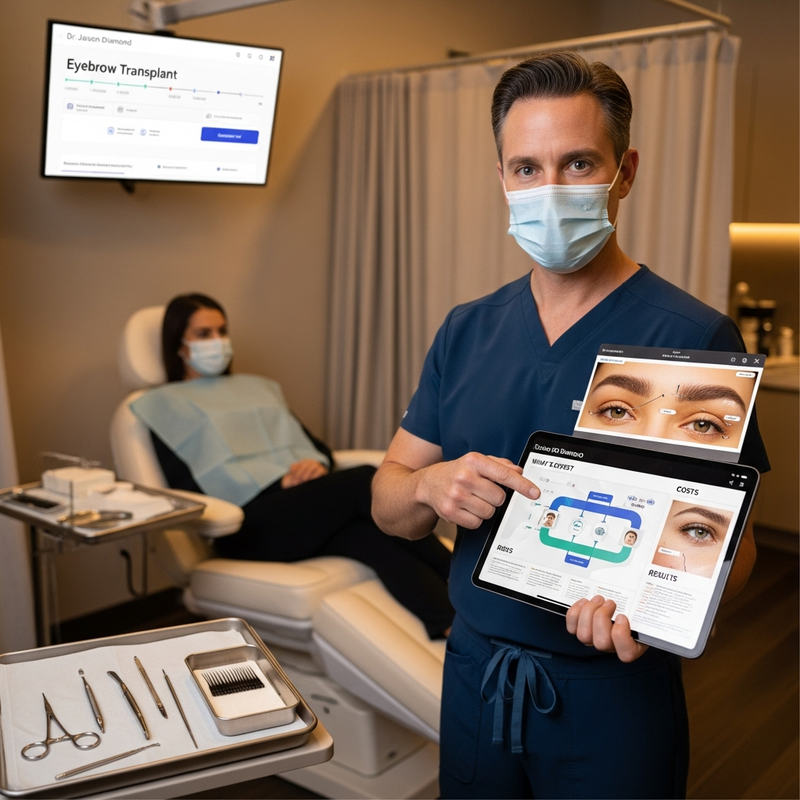 Square image: eyebrow transplant consultation concept with mapped brow design and natural-looking restored eyebrows related to dr jason diamond eyebrow transplant