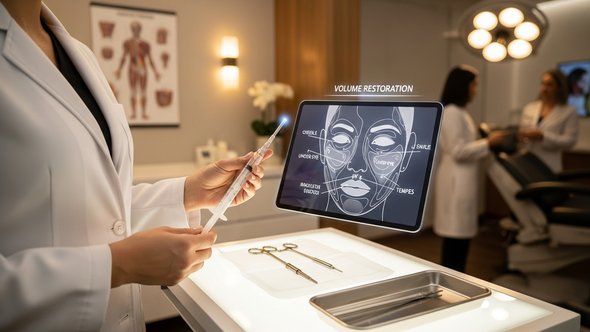 Fat grafting plastic surgery overview showing a natural facial volume restoration concept with donor fat collection and injection areas