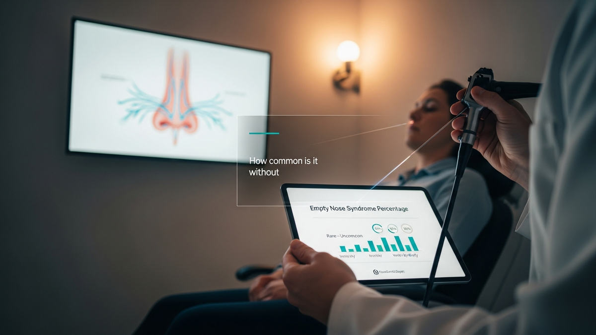 Empty nose syndrome percentage infographic concept showing nasal anatomy and airflow comfort assessment in a clinical setting