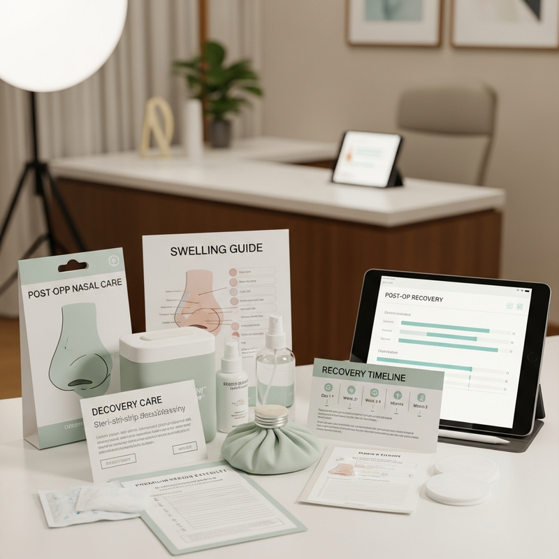 Post rhinoplasty recovery timeline card-style image with subtle nose silhouette and soothing recovery colors