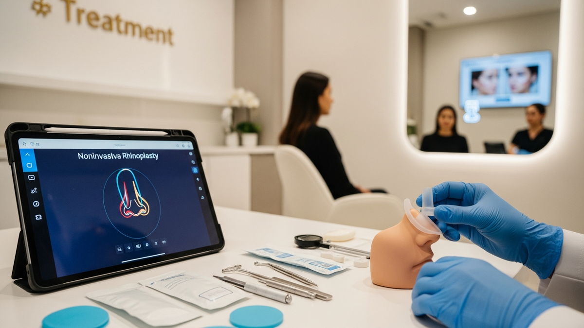 Noninvasive rhinoplasty consultation in Beverly Hills with a specialist discussing nose contour goals and nasal breathing assessment