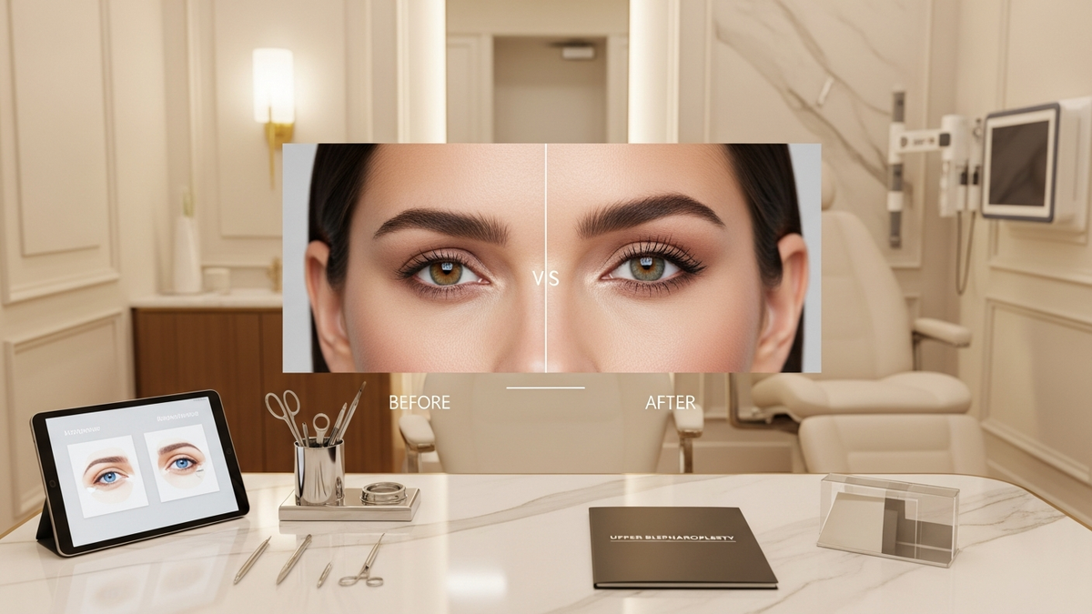 Celebrity upper blepharoplasty before and after results: natural-looking eyelid crease and refreshed upper eyelids in a modern clinical setting