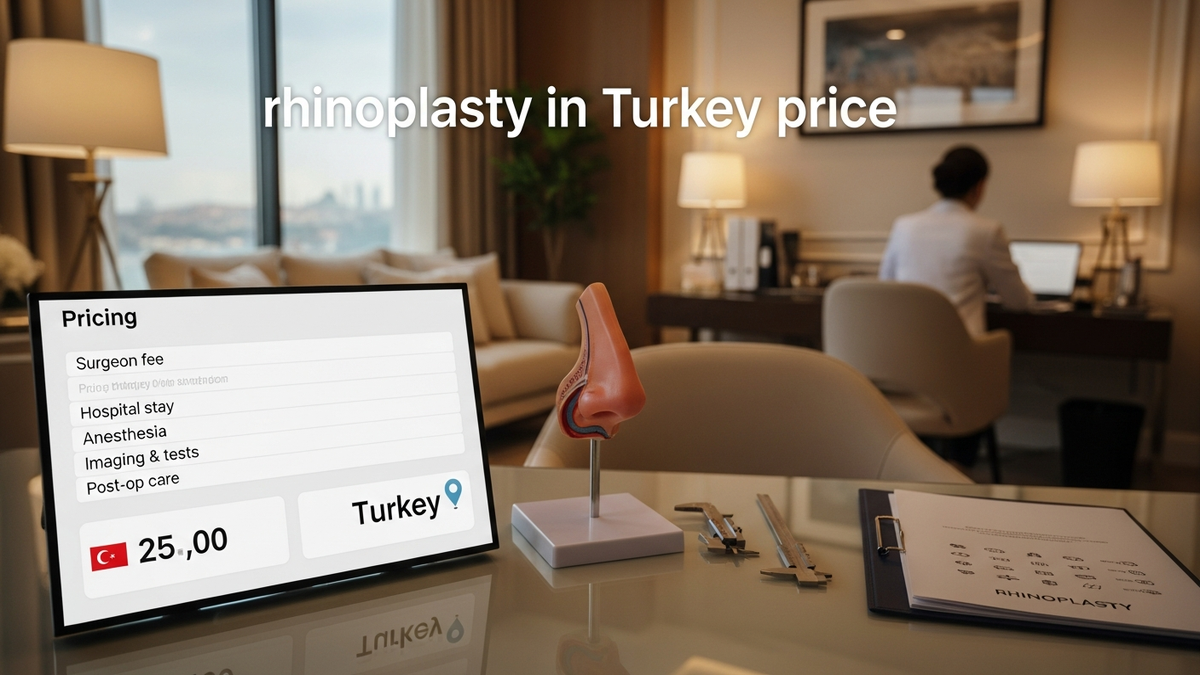 Rhinoplasty in Turkey price guide with a patient consultation setting and a natural-looking nose aesthetic theme