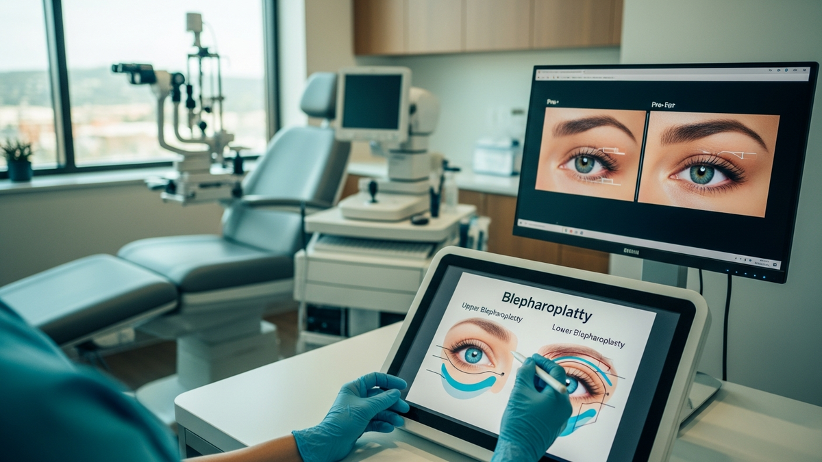 Blepharoplasty eye surgery consultation setting with a patient and surgeon discussing natural eyelid rejuvenation in Beverly Hills
