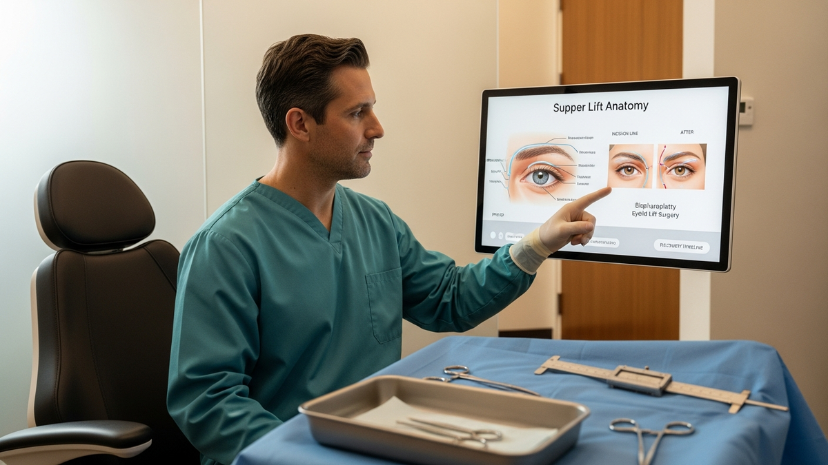 Blepharoplasty eyelid lift surgery consultation in a modern clinic setting with natural light and facial rejuvenation imagery