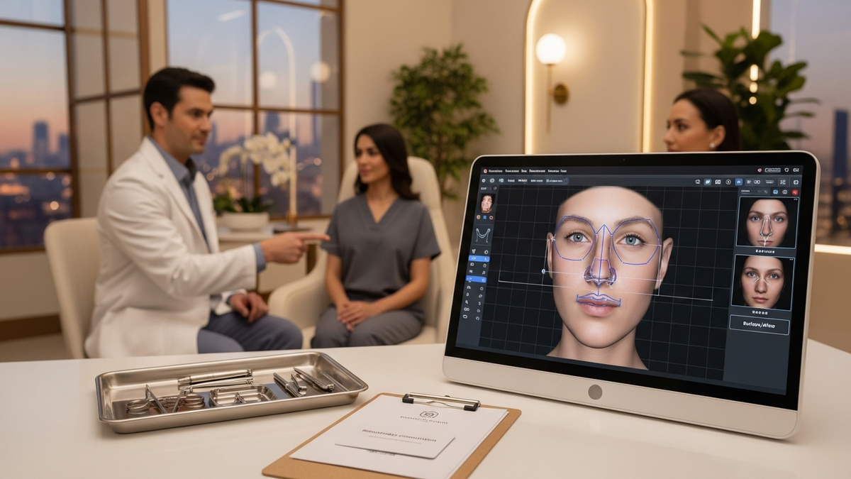 Turkish nose job informational landscape image showing a patient consultation concept with a nasal anatomy diagram and recovery checklist