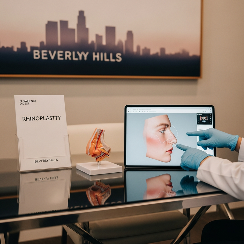 Rhinoplasty in Beverly Hills—close-up of a patient’s profile and surgeon consultation notes highlighting natural nose reshaping goals.