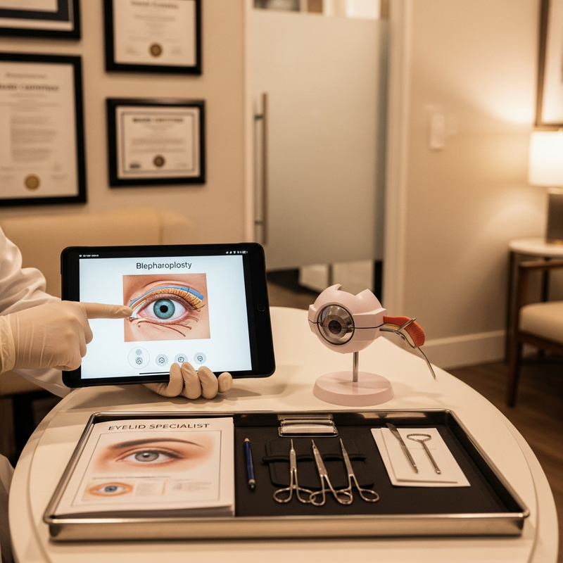 Blepharoplasty best surgeons checklist card showing eyelid surgery planning and natural-looking outcomes
