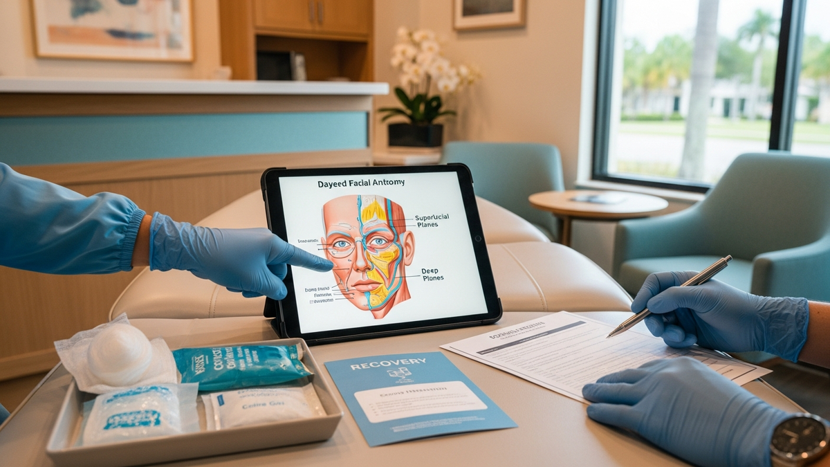 Deep plane facelift in Florida consultation setting with surgeon discussing natural facial rejuvenation and recovery planning