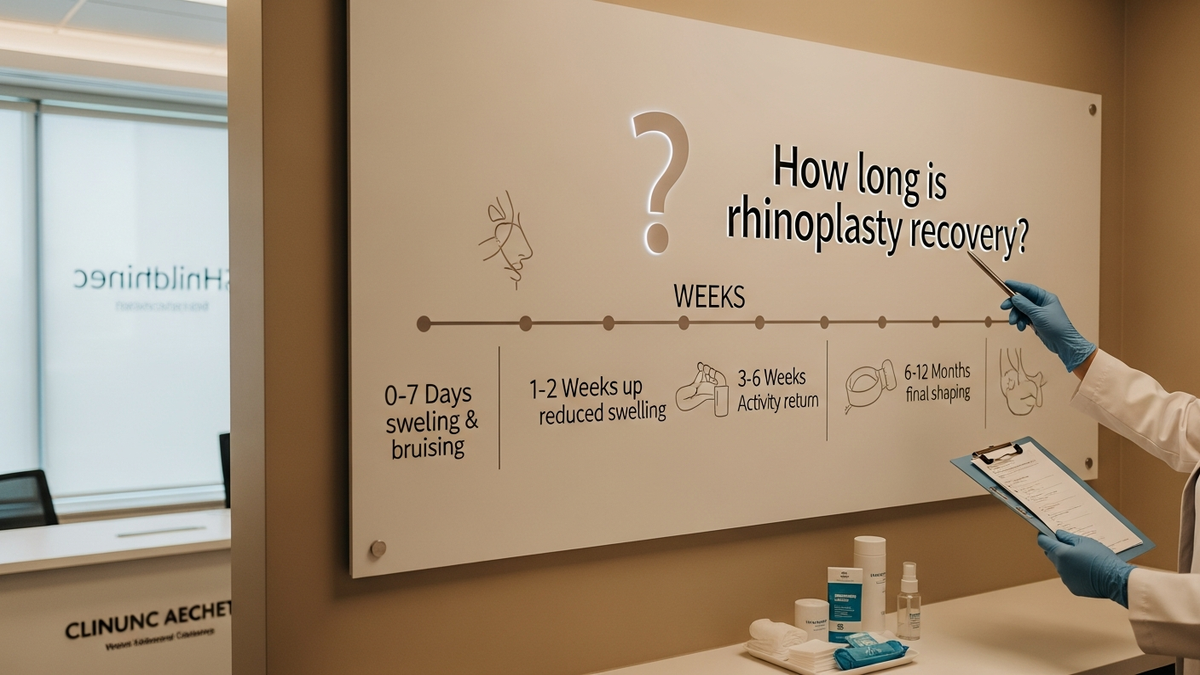 How long is rhinoplasty recovery timeline explained with a calm clinical setting and surgeon consultation imagery