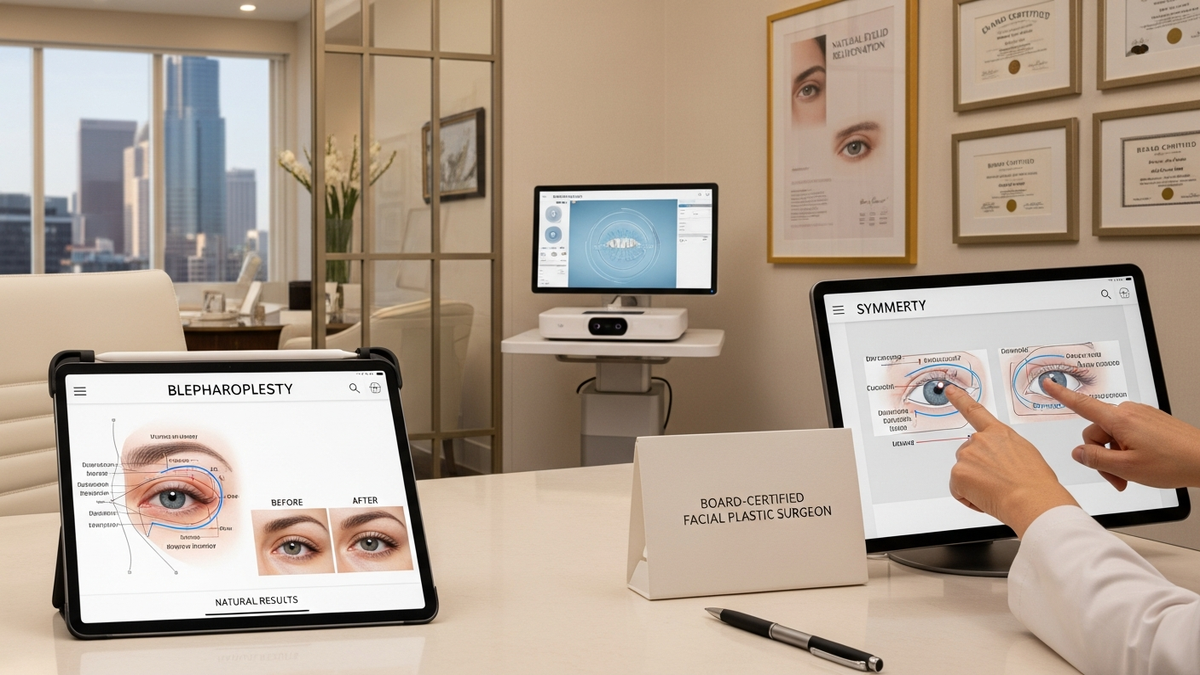Blepharoplasty Beverly Hills consultation setting with a facial plastic surgeon discussing natural eyelid rejuvenation options