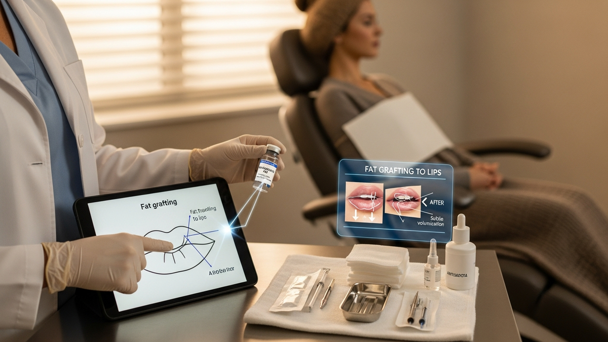 Fat grafting to lips consultation showing natural lip contour and donor fat preparation in a clinical setting
