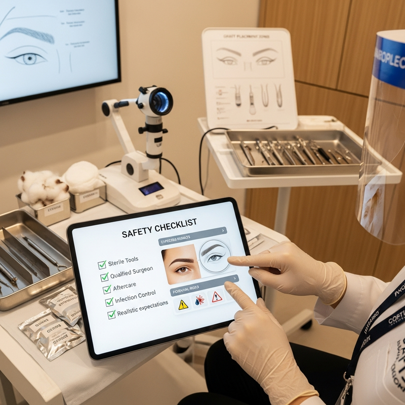 Close-up illustration of eyebrow transplant safety checklist with surgeon consultation and recovery steps